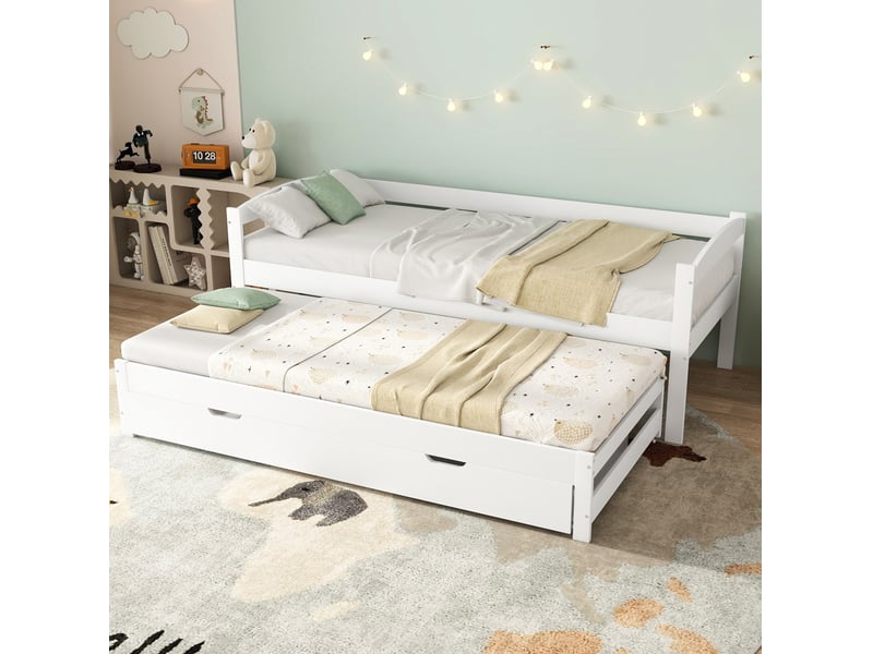  Lit gigogne 200x90 cm avec 2 tiroirs en pin et mdf blanc  - Conforama C