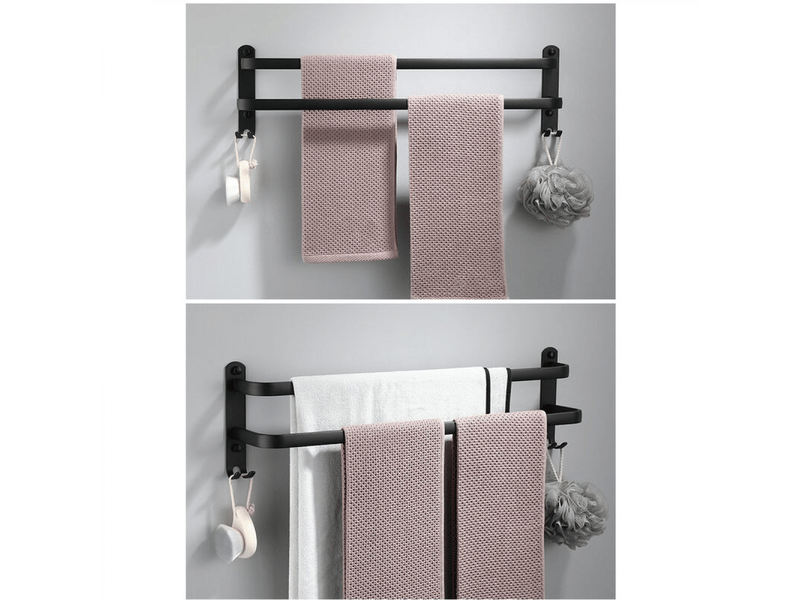  Porte-serviettes mural en aluminium, porte-serviettes à 2 niveaux avec crochet 40 cm, étanche, noir, adapté à la salle de bain  - Conforama A