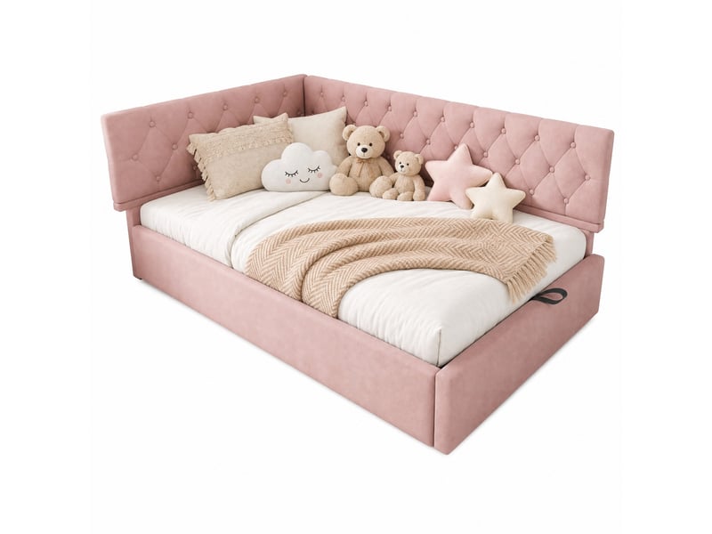  Lit coffre enfant 90x190 cm, sommier à lattes, canapé-lit en l, style moderne, velours rose  - Conforama E