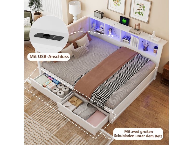  Lit de jour 140x200 en pin massif avec tiroirs, étagères et led  - Conforama D