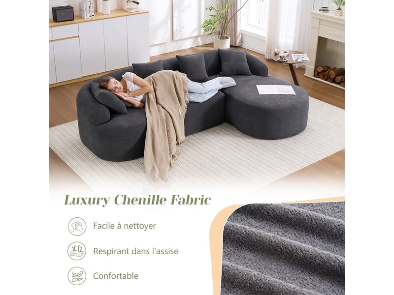 Canapé d'angle gauche en chenille courbé 3 places 243 x 150 cm sans montage gris foncé - Conforama R