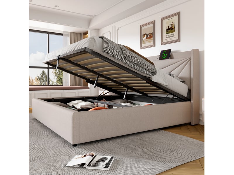  Lit coffre 140x200 cm avec tête de lit usb type-c, beige, sommier à lattes  - Conforama E