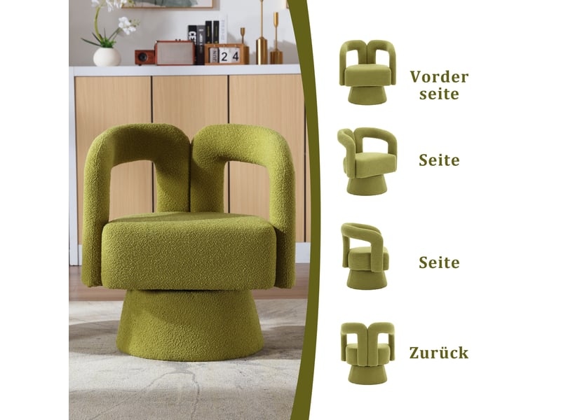 Fauteuil d’appoint pivotant 360° en tissu bouclette vert olive, style design pour salon et bureau - Conforama E