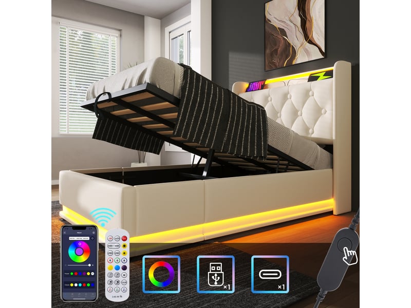  Lit 1 personne 90x200 cm avec matelas, structure de lit avec éclairage led et prise usb, blanc, lit enfant en pu  - Conforama D