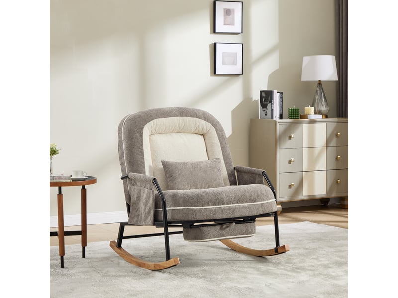  Fauteuil à bascule xxl avec repose-pieds, rocking-chair à dossier réglable, coussin rembourré, poche latérale, revêtement fausse fourrure, gris Seren Glow - Conforama E