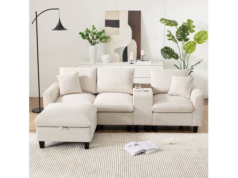  Canapé d’angle convertible 229x149,5x83 cm, coussins, console et porte-gobelets, usb, poches latérales, finition velours côtelé beige  - Conforama D