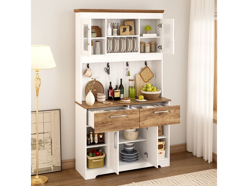  Buffet de cuisine vaisselier blanc et bois 106cm avec vitrine, tiroirs et crochets. Sans matelas inclus.  - Conforama C