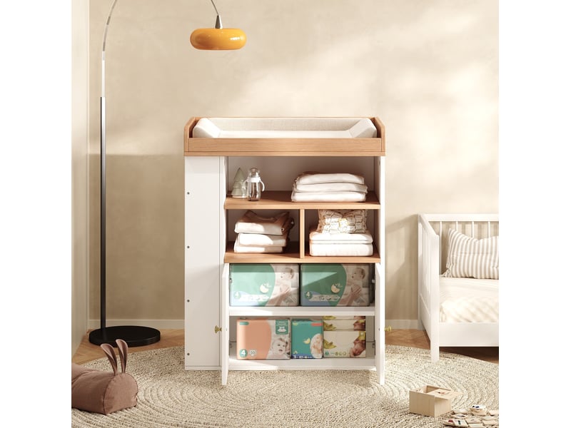  Commode à langer 2 en 1 82x50x100 cm, rangement, plan de soin 90 cm, barrière amovible, mdf naturel et blanc  - Conforama E