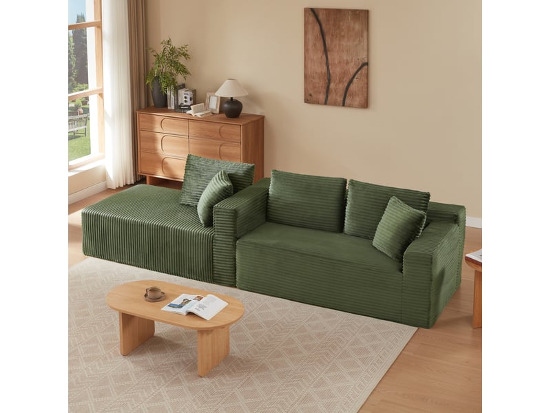  Canapé d’angle modulaire 4 places avec méridienne et coussins amovibles, en mousse et ressorts vert  - Conforama E
