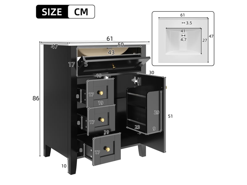  Meuble sous vasque 61 x 47 cm – noir brillant – vasque en céramique et rangements à fermeture douce  - Conforama C