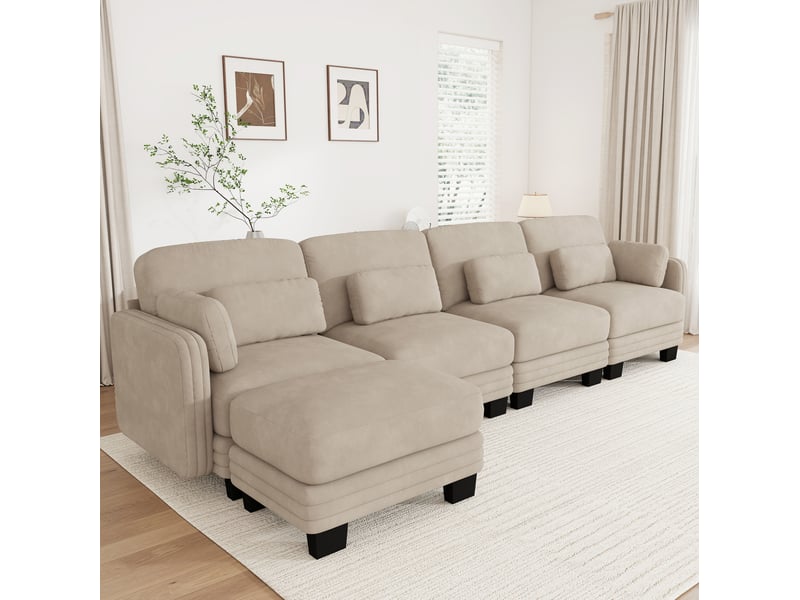  Canapé d’angle modulaire 4 places 330x143x88 cm, avec 1 pouf, coussins lombaires et accoudoir, chenille café clair  - Conforama B