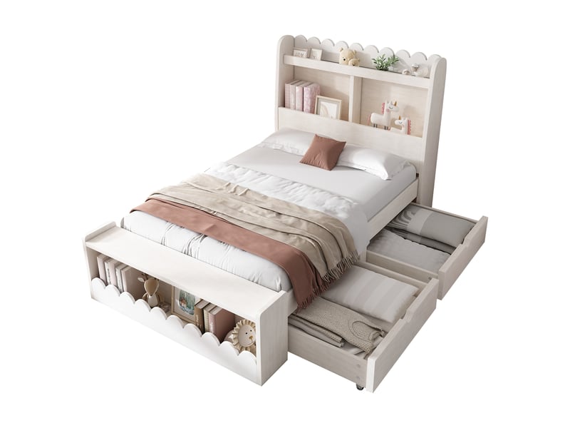  Lit enfant 90x190 cm bois blancchêne, tiroirs, étagère, banc de rangement  - Conforama A