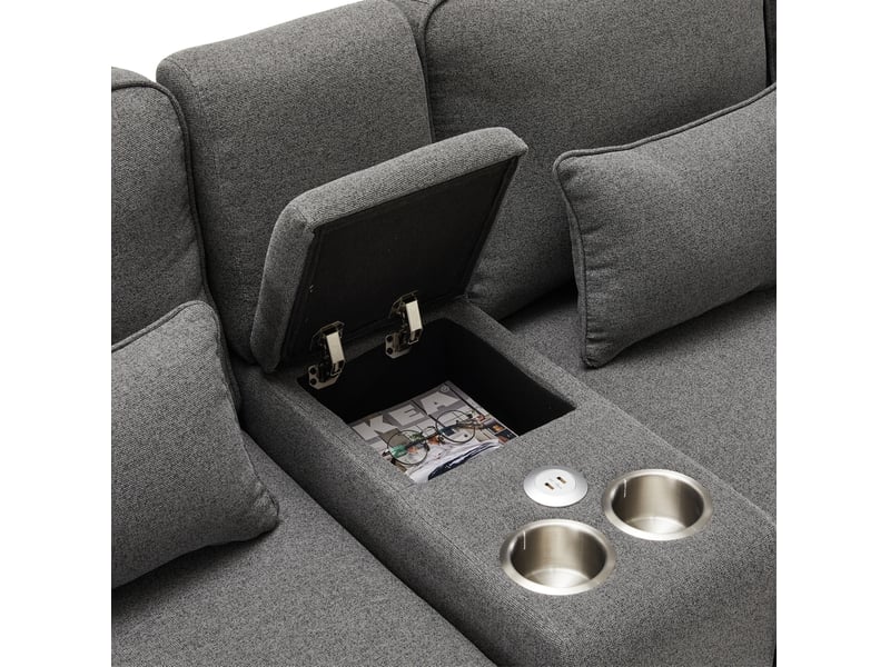  Canapé droit 4 places gris foncé en tissu avec console, usb, 2 porte-gobelets et rangements intégrés pour le salon  - Conforama D