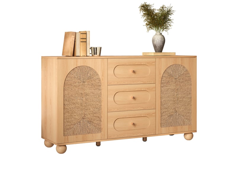  Buffet naturel 140 × 40 × 80 cm, en mdf et aggloméré, avec 2 portes et 3 tiroirs, portes tressées en corde  - Conforama A