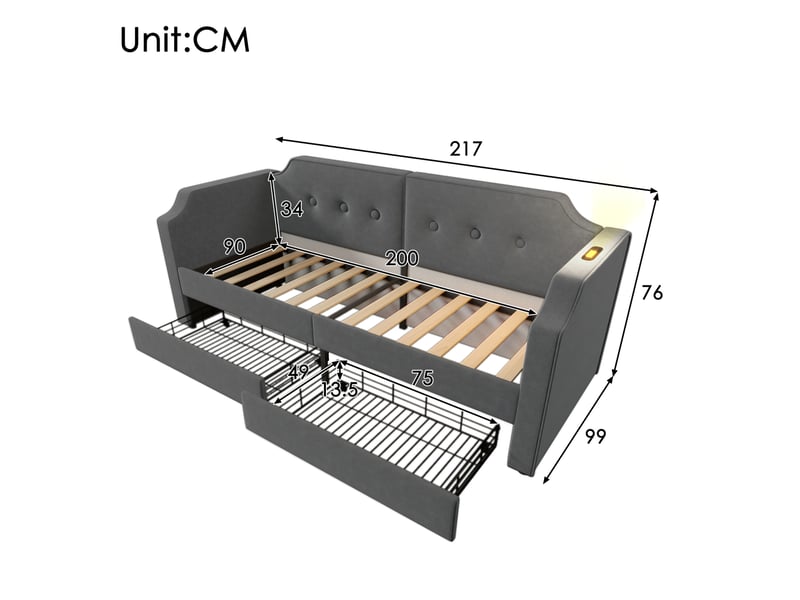  Modenvie lit banquette 90x200 cm - avec 2 tiroirs, usb-c et liseuse, sans matelas - gris  - Conforama C