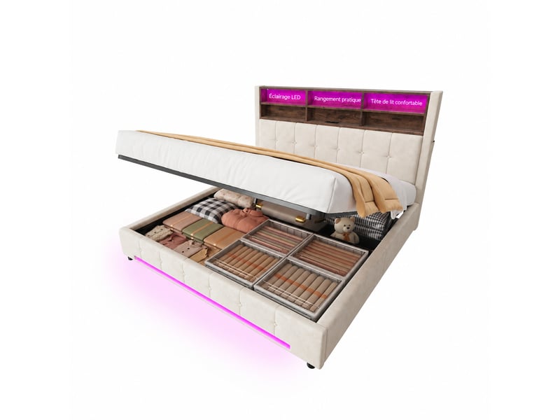  Lit coffre 180x200 en velours beige, ouverture hydraulique, tête de lit à 6 niches, usb-c et led  - Conforama A