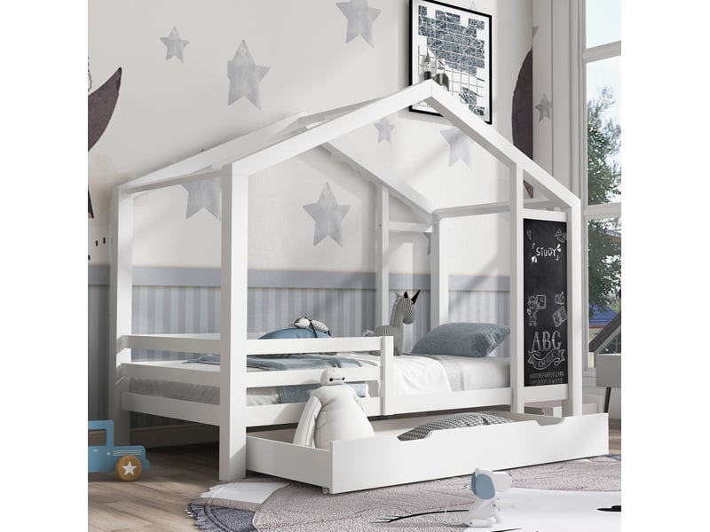  Lit cabane enfant 90 x 200 cm avec tableau, 2 tiroirs et sommier à lattes blanc  - Conforama B
