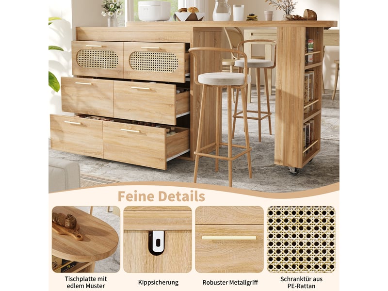  Table de bar pivotante 360° avec 6 tiroirs coloris naturel 128-203x39x90 cm N620BZ260205N - Conforama D