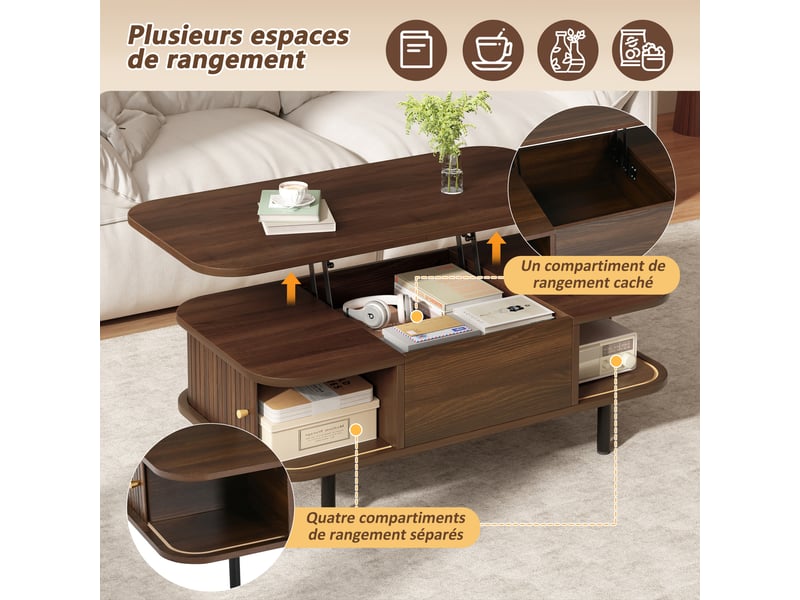  Table basse relevable 101x51 cm, coffre de rangement et 2 portes coulissantes, pieds en métal, mdf, décor noyer  - Conforama E