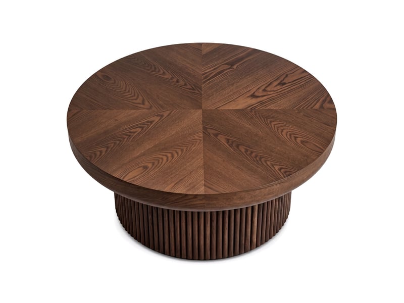 Table basse ronde 78x78x38,5 cm - avec plateau en parquet de bois véritable enchâssé et piétement tambour cannelé – mdf - noyer  - Conforama A