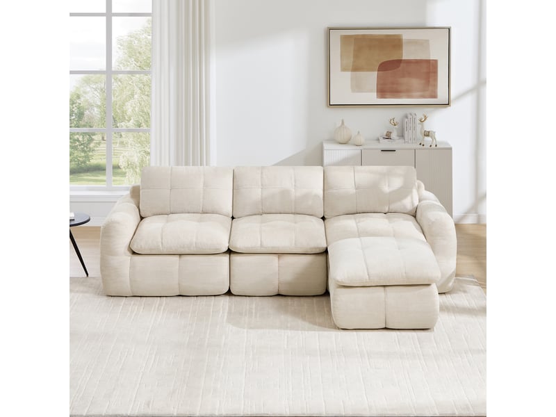 Canapé d’angle modulaire 3 places sans cadre, ottoman - lpospi - chenille beige 264 × 160 × 68 cm - Conforama B