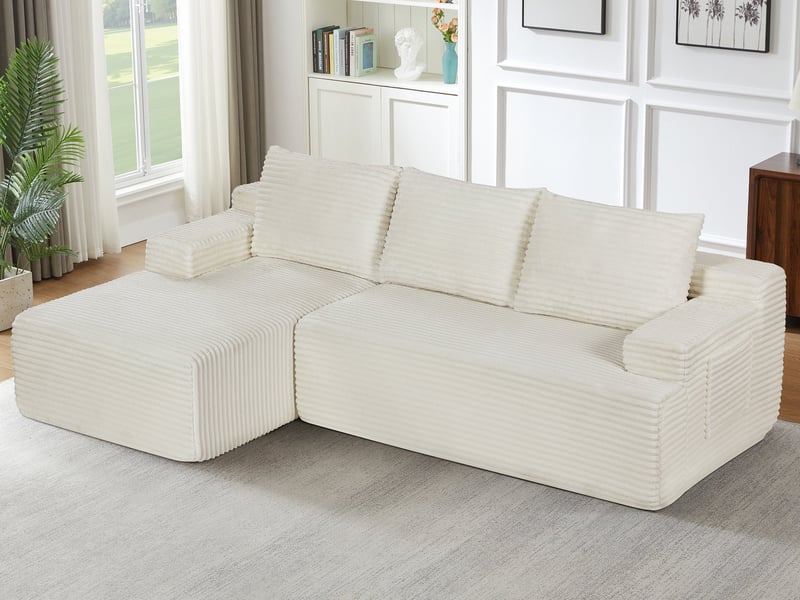  Canapé d’angle 4 places beige clair en velours côtelé, style nuage avec méridienne droite, modulable et convertible  - Conforama B