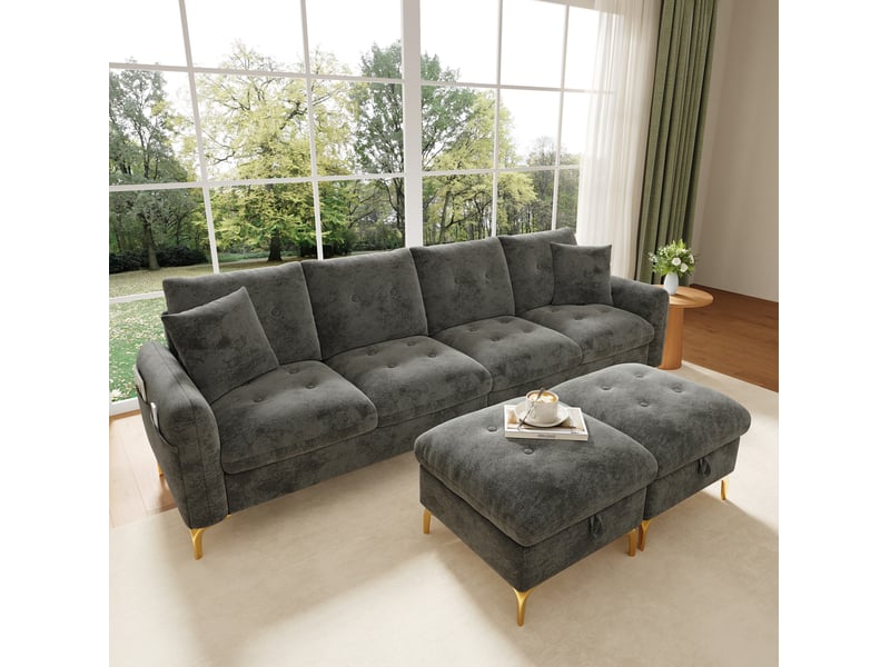 Canapé modulable tcqpz 4 places 263 x 137 x 85 cm avec 2 poufs de rangement gris chenille - Conforama E