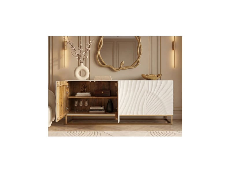 Buffet silva 177 cm en bois massif de manguier blanc sculpté – 4 portes et piètement doré - Conforama E