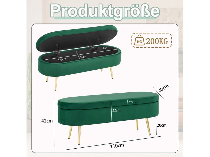  Banc de rangement 110x40x42 cm, coffre 20 l, pieds en bois, meuble chambre, meuble bureau et salon, velours, vert foncé  - Conforama C