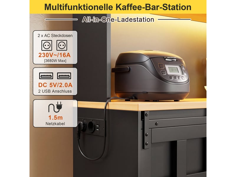 Buffet haut de cuisine 120 x 40 x 150 cm avec 2 portes coulissantes style grange, 4 tiroirs, led rgb, 2 prises, 2 usb, casier à vin, mdf  - Conforama E