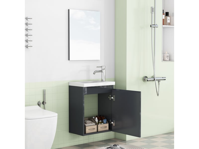  Meuble vasque suspendu 40 cm avec miroir, vasque céramique, gris brillant, gain de place  - Conforama E