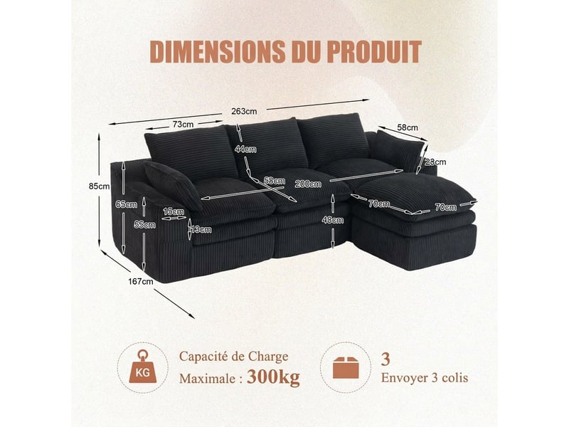  Canapé modulaire 3 places avec pouf angle réversible 263 x 167 x 85 cm velours côtelé noir  - Conforama C