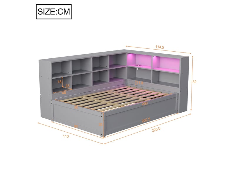  Lit gigogne 90x200, couchage intégré banquette lit, structure bois massif, rangements multifonctions, led multicolore, ports usb  - Conforama C