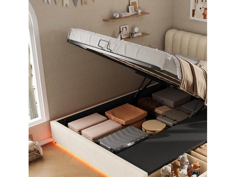  Lit enfant avec coffre, 140x200 cm, avec 3 tiroirs, led, grand espace de rangement, matelas non inclus, coloris beige  - Conforama E