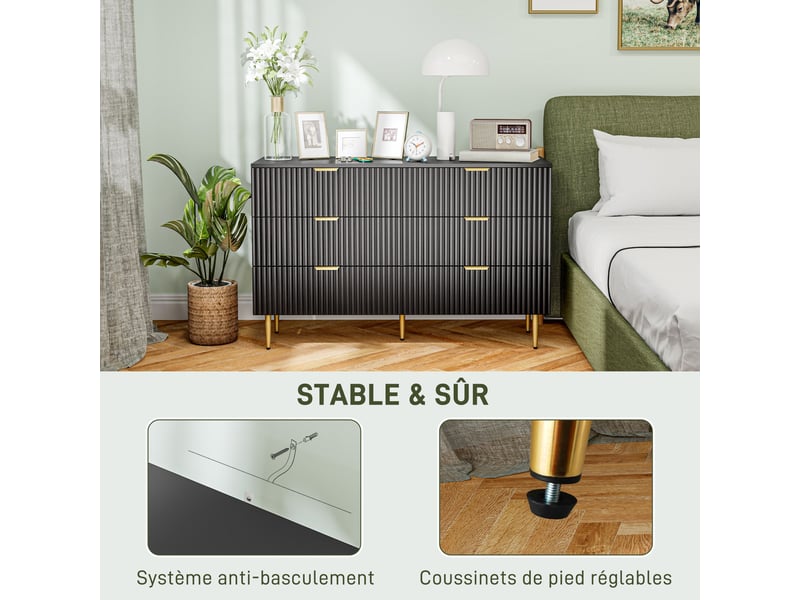  Commode 6 tiroirs commode chambre meuble de rangement moderne avec poignées et pieds dorés, noir, 120 x 40 x 76,5 cm  - Conforama R