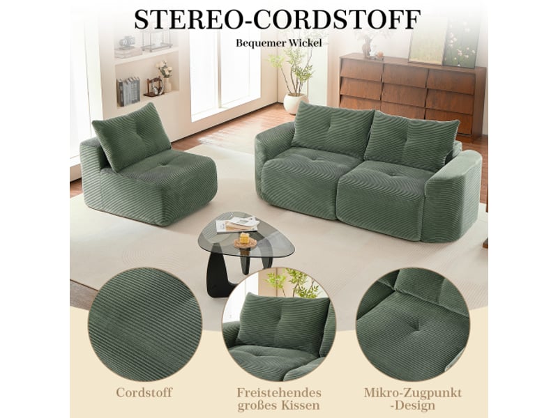Canapé modulaire 3 places en tissu cordon style wabi-sabi, vert sauge, configuration 2+1 avec siège individuel amovible, design côtelé et arrondi - Conforama D