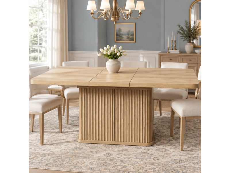  Table à manger extensible avec rangement intégré, aspect bois clair, 140-180 x 80 x 76,5 cm  - Conforama B