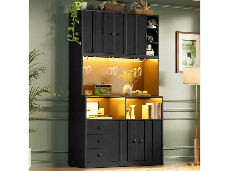 Buffet haut de cuisine 100x40x180 cm avec led rgb via appli, 2 prises, 2 usb, 3 porte-verres, étagère réglable, plan de travail, mdf noir - Conforama B