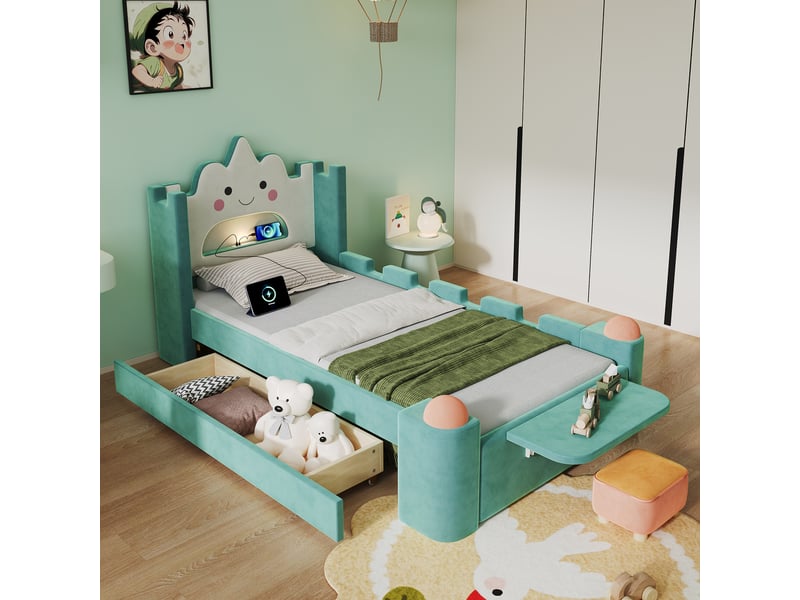  Lit simple 90x200 cm, lit enfant, tiroirs, étagères, barrière antichute, led, port usb, motif nuage, velours bleu et vert  - Conforama C