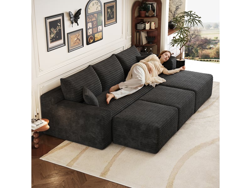  Canapé d'angle modulaire 3 places avec 2 poufs 241 x 151 x 58 cm, assise profonde, design nuage, livré monté, velours côtelé, noir Bliss Lite - Conforama D