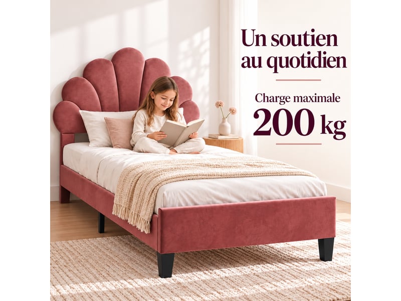  Lit enfant 90x200 cm en velours, lit simple rembourré avec sommier à lattes, tête de lit en forme de pétale réglable en hauteur, cadre de lit capitonné pour enfants et adolescents, rouge  - Conforama E