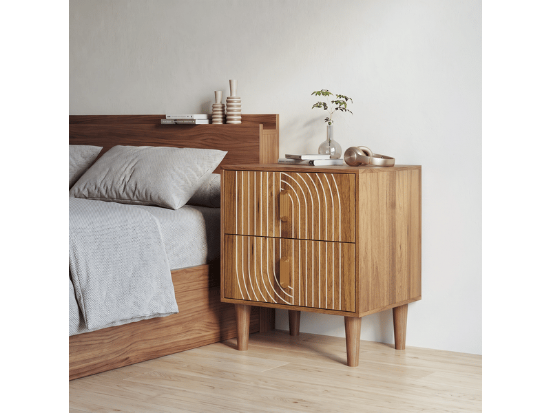 Table de chevet bohème à quatre pieds avec 2 tiroirs, table de chevet à incrustations géométriques, brunoyer - Conforama A