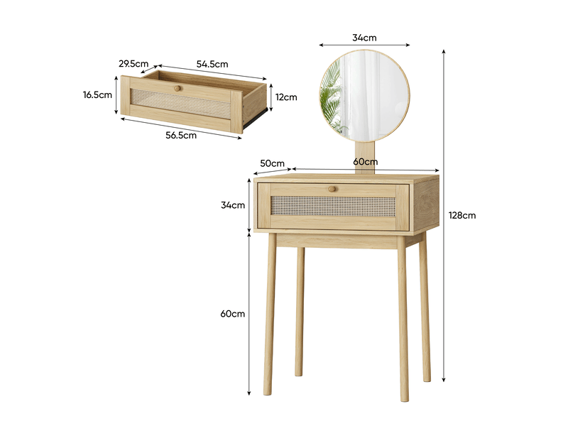  Petite coiffeuse avec miroir rond 60x50x128cm rangement | style bohème bois clair et cannage | 1 tiroir montage facile - bois naturel  - Conforama E