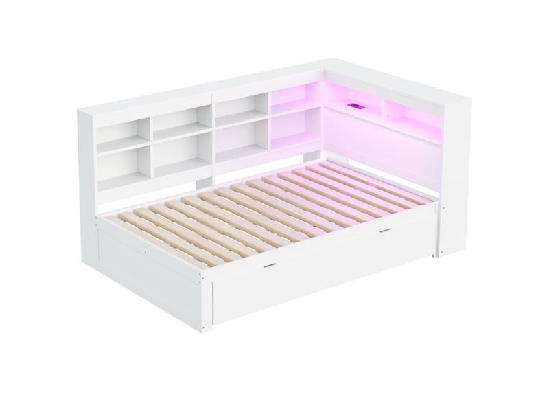  Lit enfant 140x200cm,lit avec rangement en bois massif avec lumière led,prise usb,1 grand tiroir et 10 niches,blanc lit enfant blanc - Conforama E