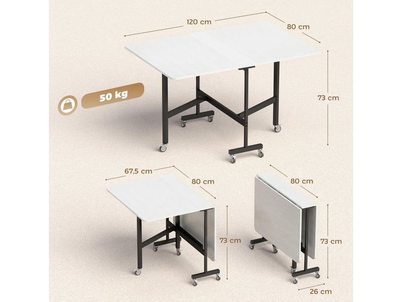 Table de cuisine pliante 120x80x73 cm en bois avec 6 roulettes et freins blanche chicfurn - Conforama D