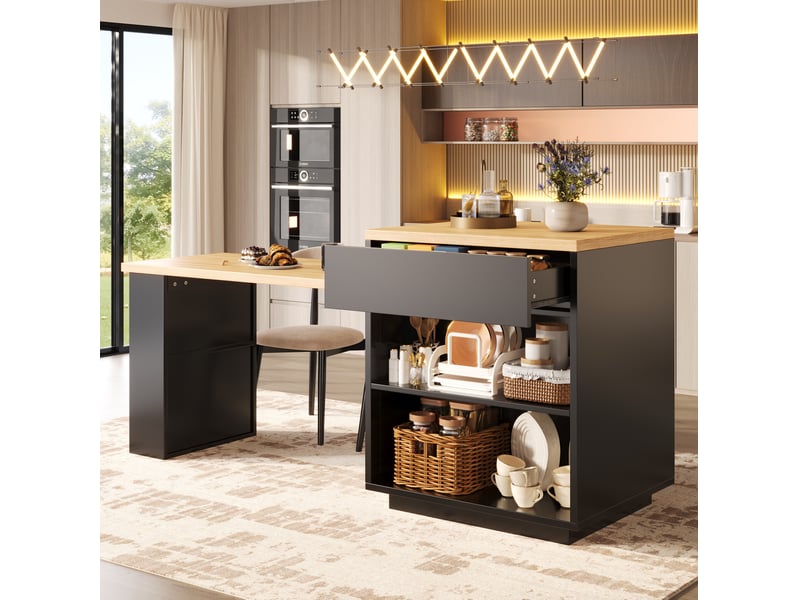Îlot de cuisine extensible 122-194,5x70x94 cm avec led et rangement noir - Conforama W