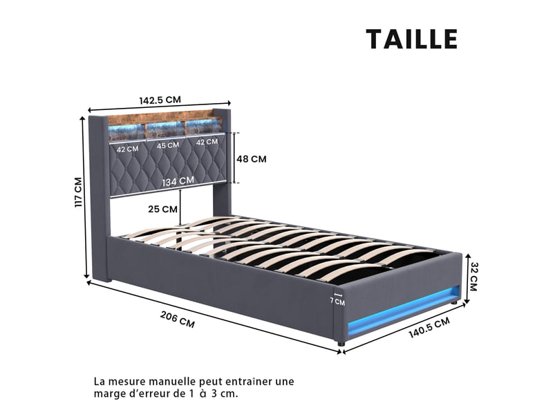  Lit rembourré 140x190 cm en velours gris foncé evryae  - Conforama D