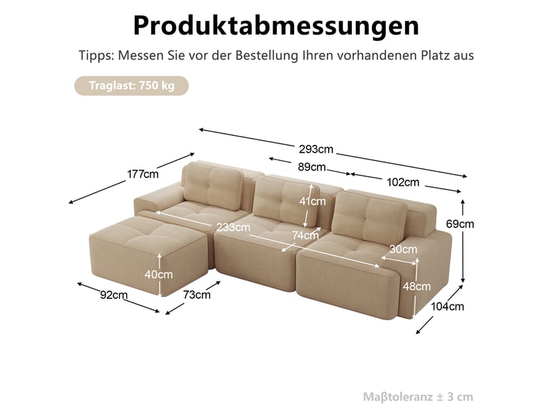  Canapé d'angle modulable ulevr 3 places avec pouf, sans montage, 293 x 177 cm, velours côtelé beige  - Conforama C