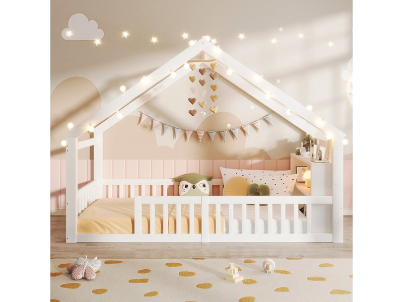  Lit simple 90x190 cm avec barrières de sécurité, lit enfant avec cadre en pin, pour 1 personne, blanc  - Conforama D