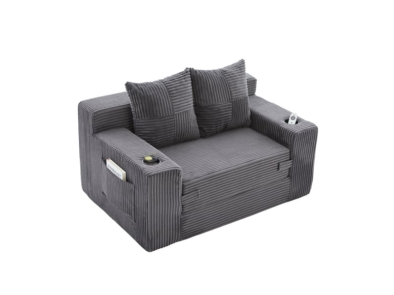  Canapé pouf 151x133x64 cm, poches latérales, velours côtelé gris  - Conforama A
